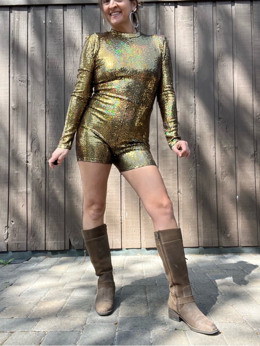 Gold Sequin Long Sleeve Mini Romper Festival Burning Man Sparkle 80’s Large